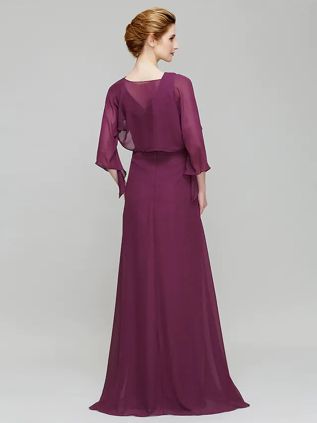 Wholesale Mother of the Bride Dress V Neck Floor Length Chiffon 3/4 Length Sleeve with Criss Cross Crystals